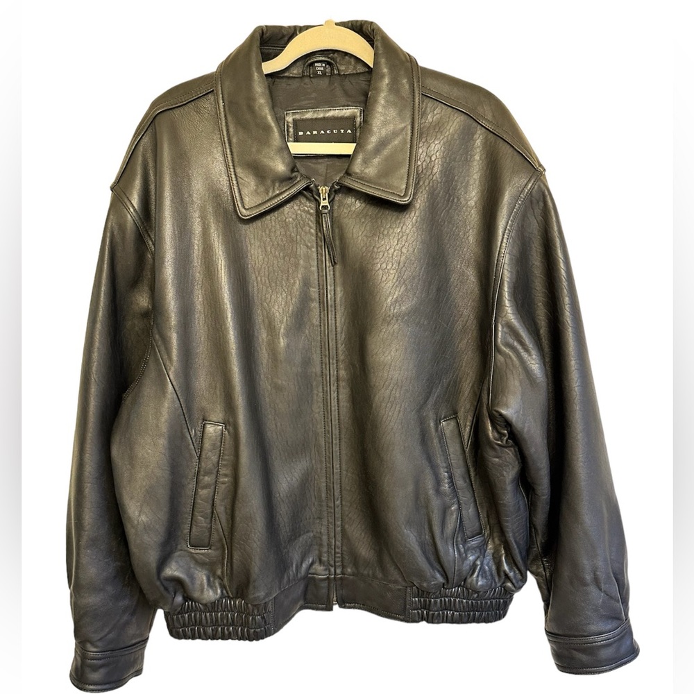 Baracuta Black Bomber Leather Jacket With Elastic Waistband | Size XL